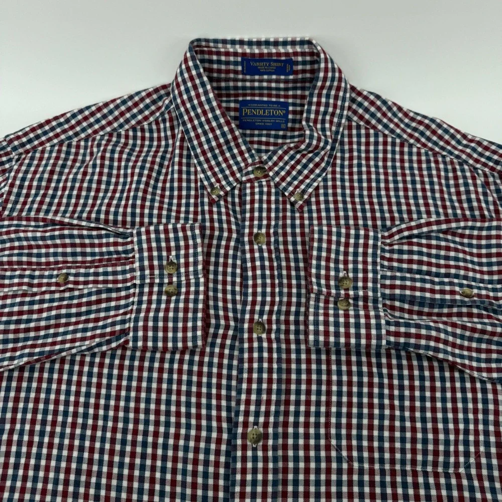 Pendleton Button Down Mens XL Navy Red Gingham Cotton Varsity Shirt